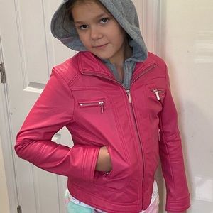 Girls winter pleather moto jacket with hood, Like New Sz 8-10